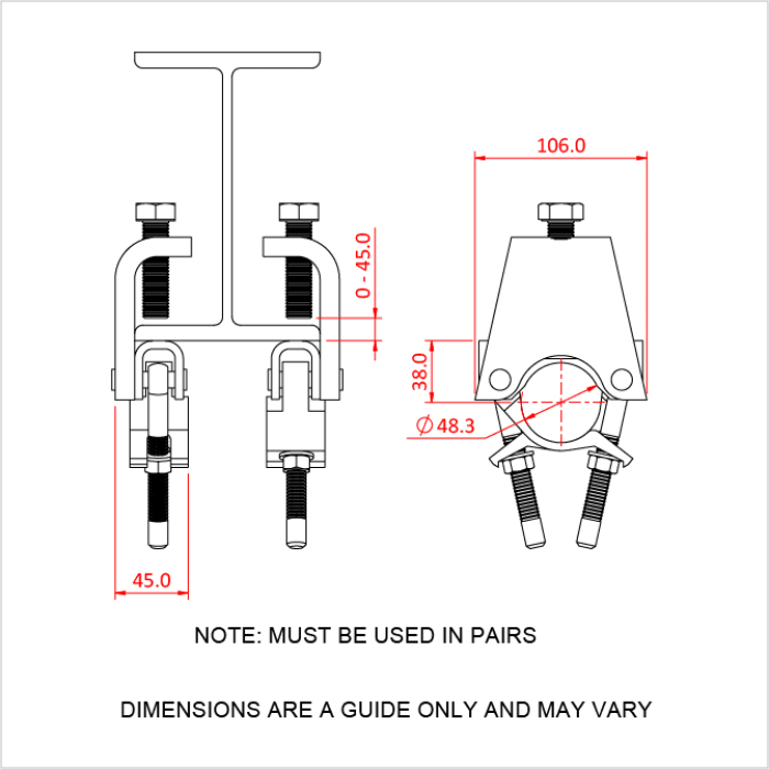 Paire de Pinces GRAVLOCK pour montage de tube de 48mm sur poutre en T ou H,  CMU 600kg