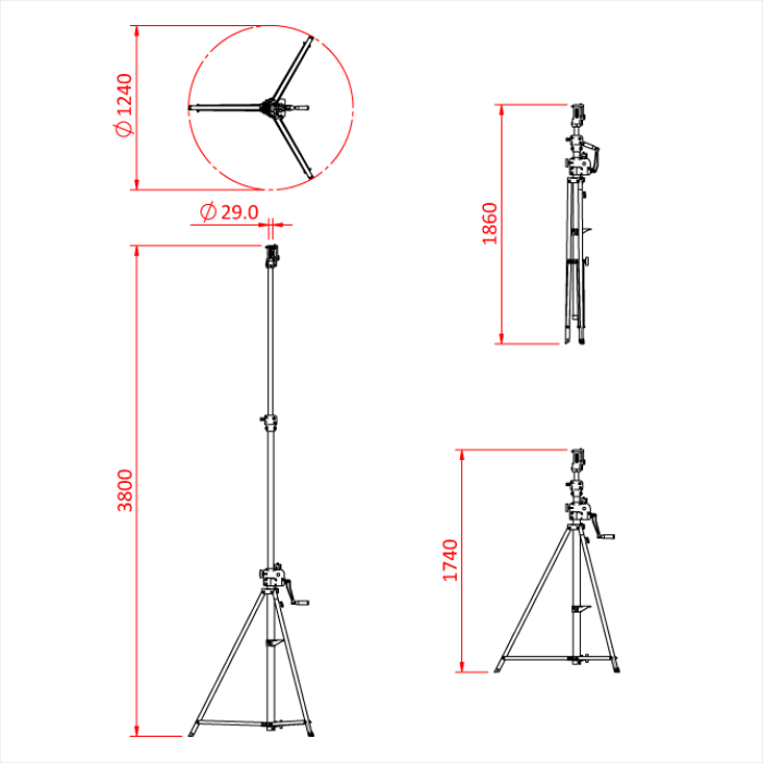 Pied à manivelle EASY LIFT, 172-380cm, CMU 30kg, noir