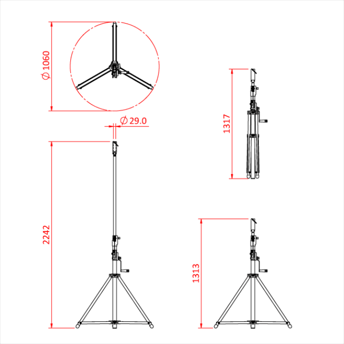 Pied à manivelle NEBULA 20 avec récepteur pour spigot 28mm, 131-224cm, CMU 60kg, noir