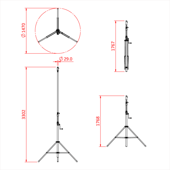 Pied à manivelle NEBULA 33 avec récepteur pour spigot 28mm,  170-330cm, CMU 60kg, noir