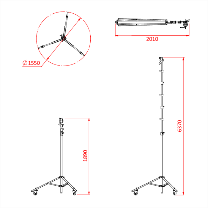 Pied HI-ROLLER OverHaed 189-637cm avec roulettes, CMU max. 40kg, noir