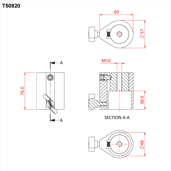 Récepteur pour tube de 48mm avec pas de vis M10