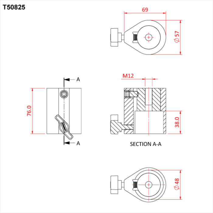 Récepteur pour tube de 48mm avec pas de vis M12