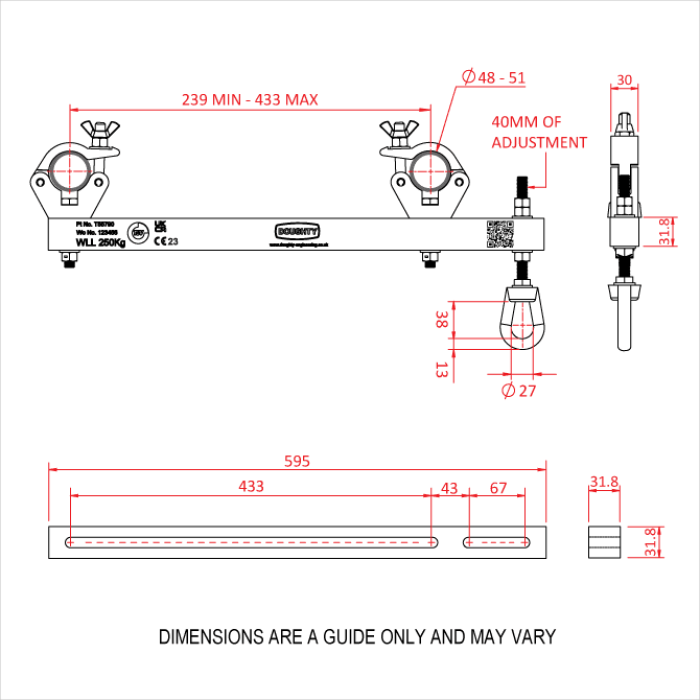 Support structure de suspension entraxe 239-433mm, CMU 250 kg, noir