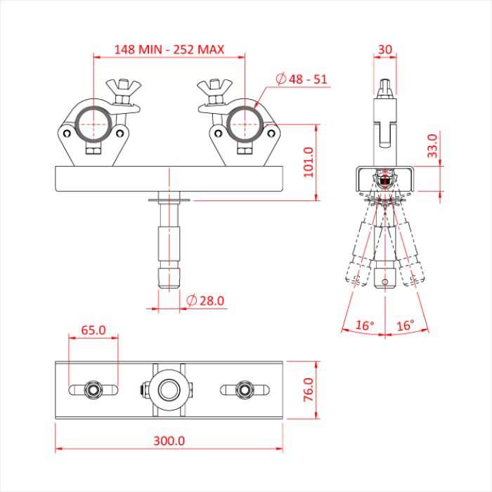 Support structure MINCE 30mm sur spigot 28mm inclinable (+/- 16°), entraxe 150-250mm, CMU 200kg
