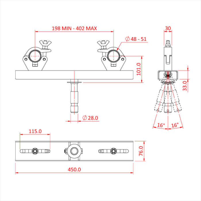 Support structure MINCE 30mm sur spigot 28mm inclinable (+/- 16°), entraxe 200-400mm, CMU 200kg