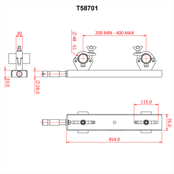 Support structure échelle MINCE 30mm sur spigot de 28mm, entraxe 150-250mm