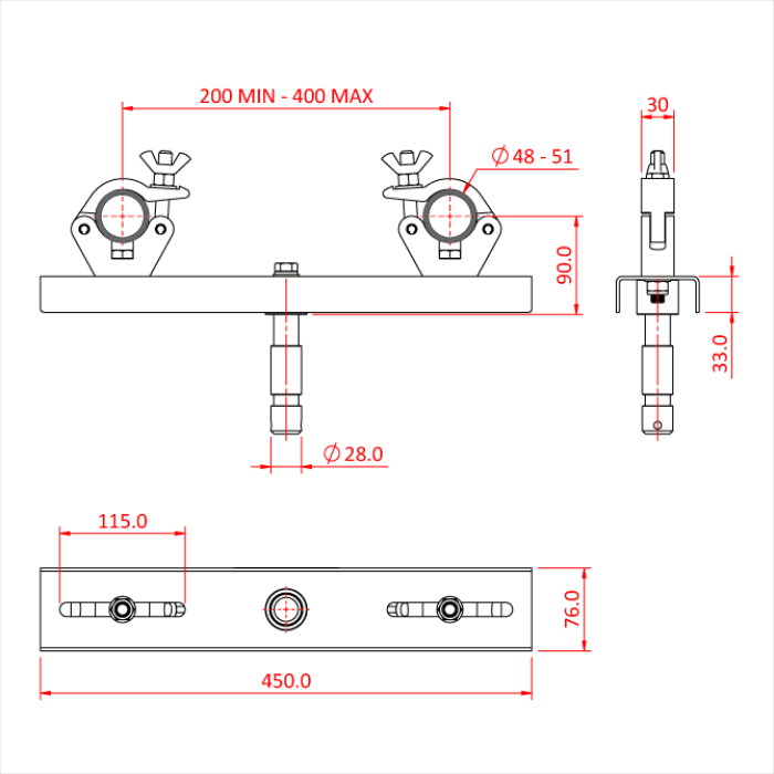 Support structure MINCE 30mm sur spigot 28mm, entraxe 150-250mm, CMU 200kg