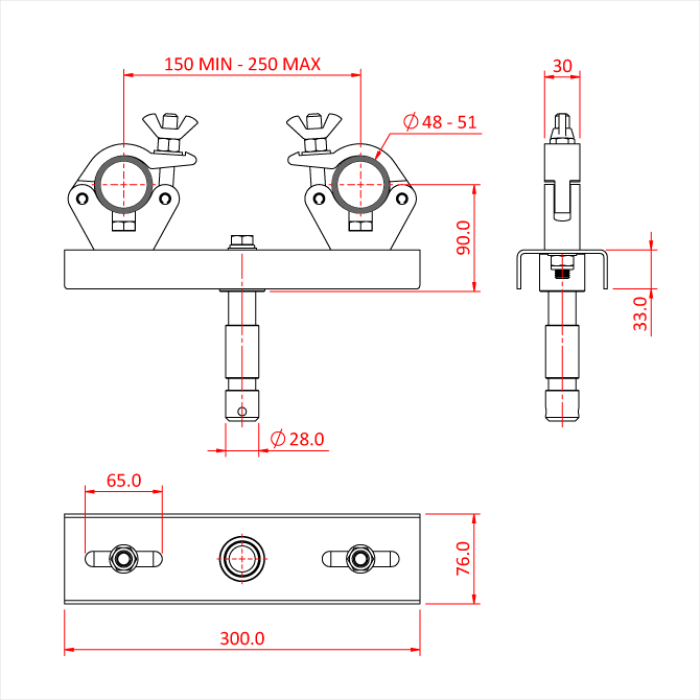 Support structure sur spigot 28mm, entraxe 150-250mm, CMU 200kg