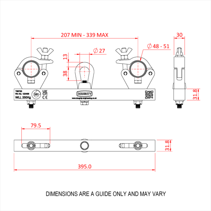 Support structure SOLID avec œillet rouge 27x39mm, entraxe 207-339mm, CMU 250kg, noir