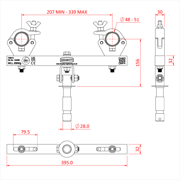 Adaptateur pour structure multi taille sur un spigot 28mm inclinable, CMU 250kg, noir