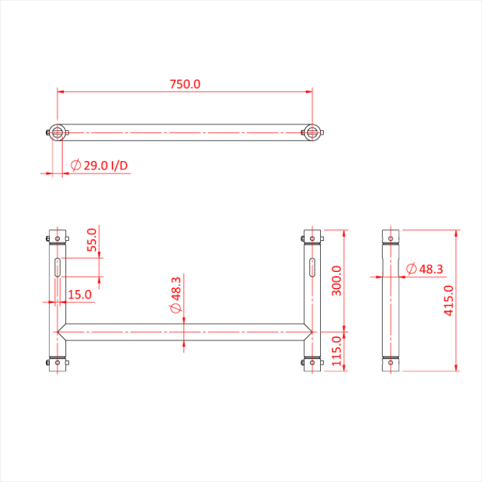 Cadre H court en tube de 48mm, livré avec 4 goupilles à écrou CCS6-604, CMU 100kg