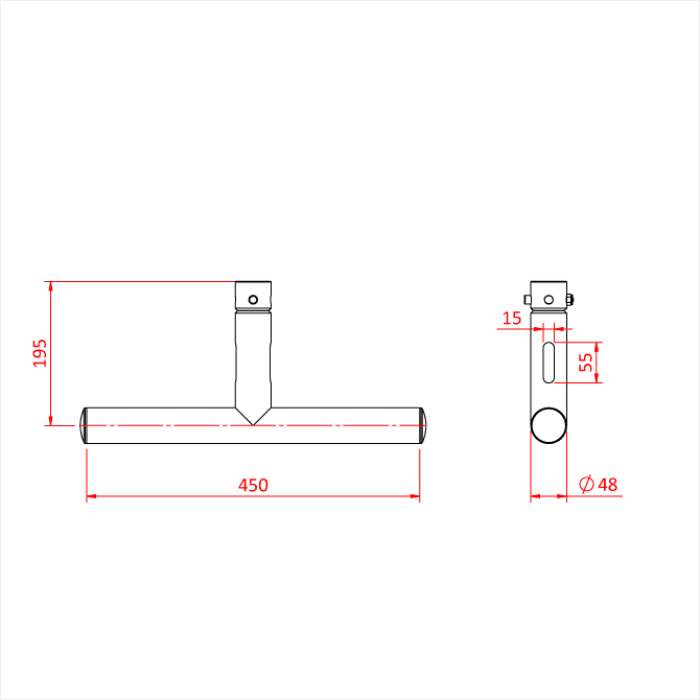 T modulaire 250mm en tube de 48-51mm, livré avec 2 goupilles à écrou CCS6-604