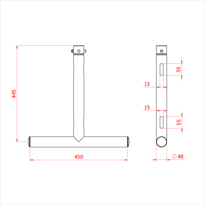 T modulaire 500mm en tube de 48-51mm, livré avec 2 goupilles à écrou CCS6-604, noir