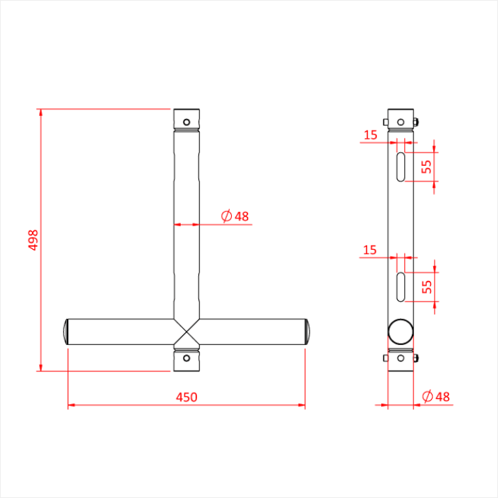 T modulaire 500mm passant en tube de 48-51mm, livré avec 2 goupilles à écrou CCS6-604