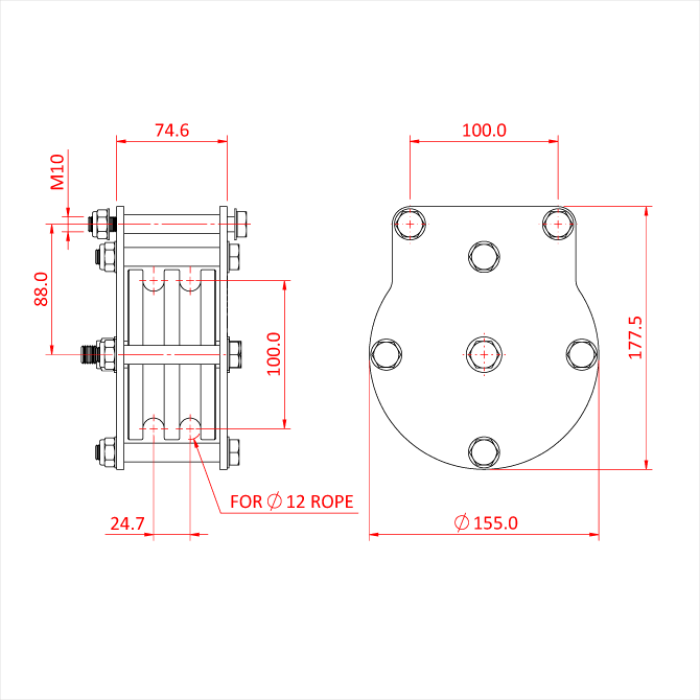 Poulie charge lourde 100mm (double rainure) (pour corde)