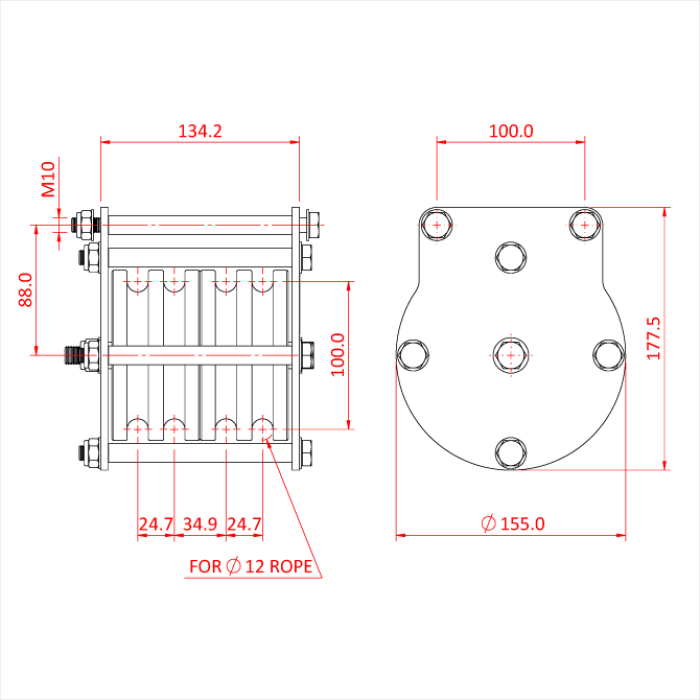 Poulie charge lourde 100mm (quadruple rainure) (pour corde)