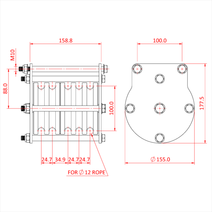 Poulie charge lourde 100mm (quintuple rainure) (pour corde)