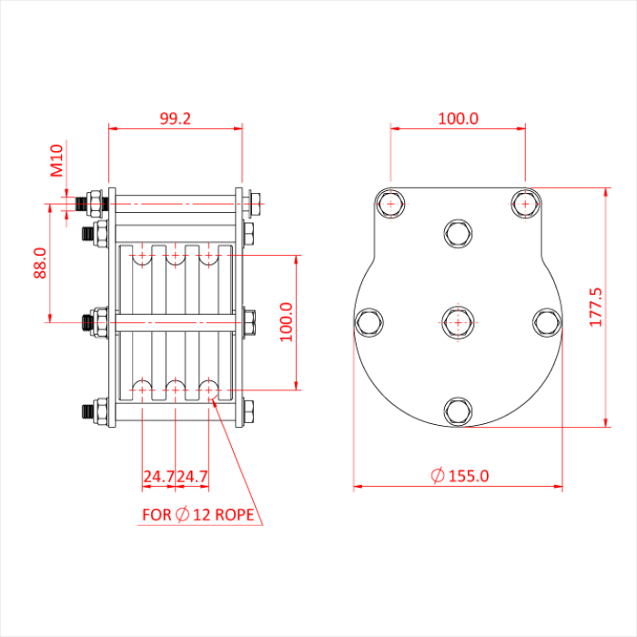Poulie charge lourde 100mm (triple rainure) (pour corde)