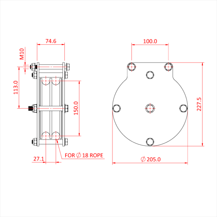 Poulie charge lourde 150mm (double rainure) (pour corde)