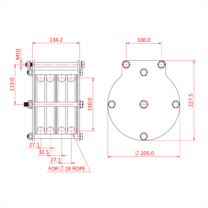 Poulie charge lourde 150mm (quadruple rainure) (pour corde)