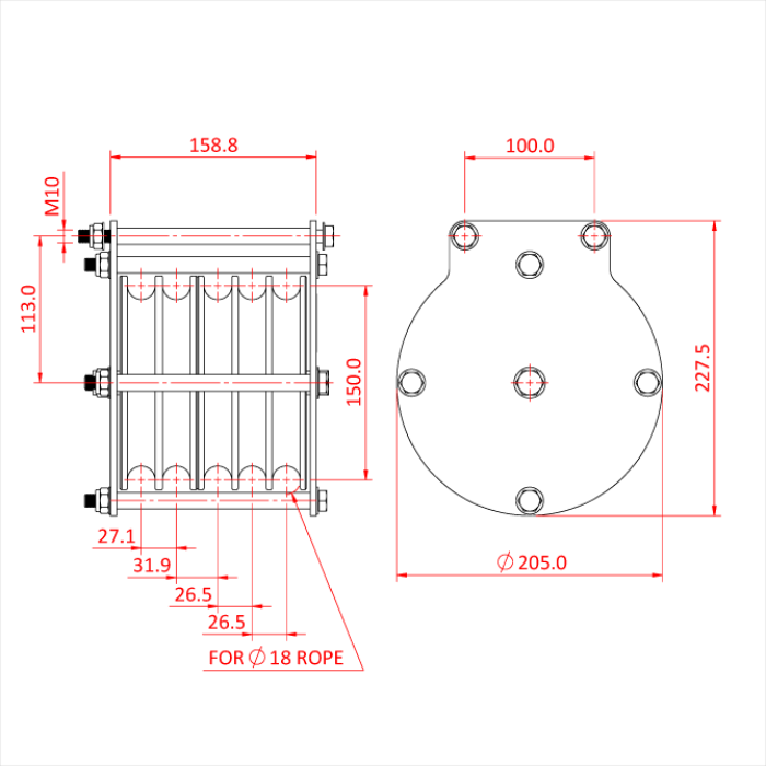 Poulie charge lourde 150mm (quintuple rainure) (pour corde)