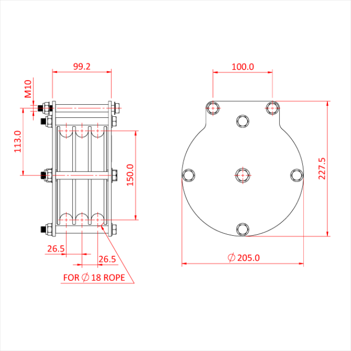 Poulie charge lourde 150mm (triple rainure) (pour corde)