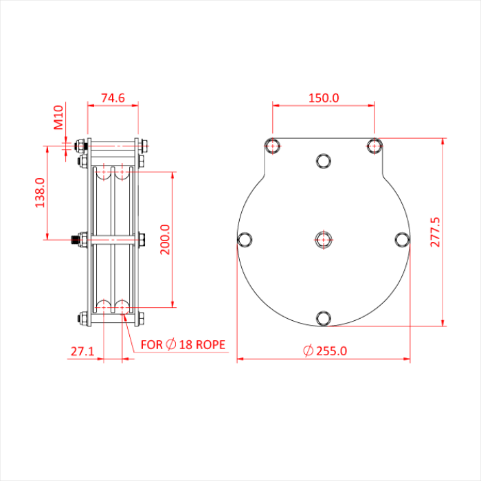 Poulie charge lourde 200mm (double rainure) (pour corde)