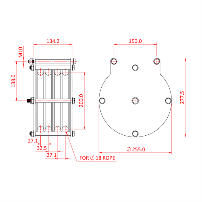 Poulie charge lourde 200mm (quadruple rainure) (pour corde)