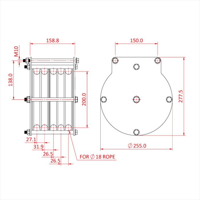 Poulie charge lourde 200mm (quintuple rainure) (pour corde)