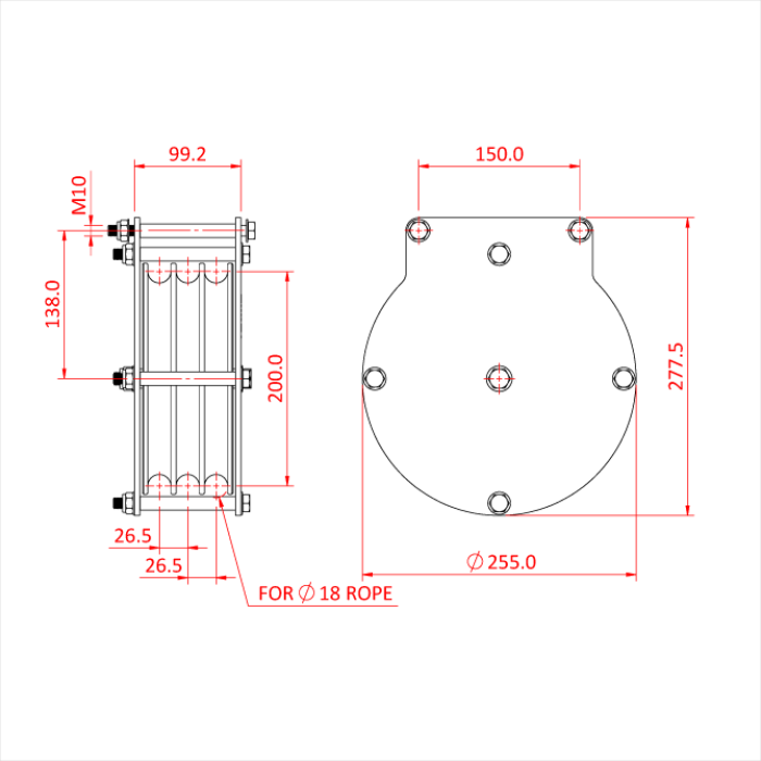 Poulie charge lourde 200mm (triple rainure) (pour corde)