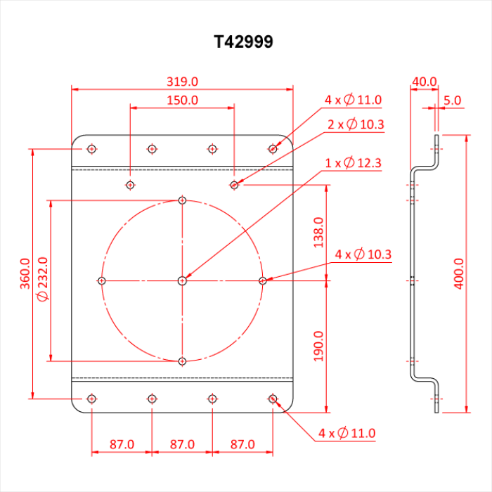 Plaque de fixation mural de pour poulie 200mm, CMU 600kg, noir