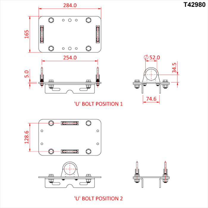 Plaque de fixation de poulie double sur un tube de 48-51mm, CMU 600kg, noir