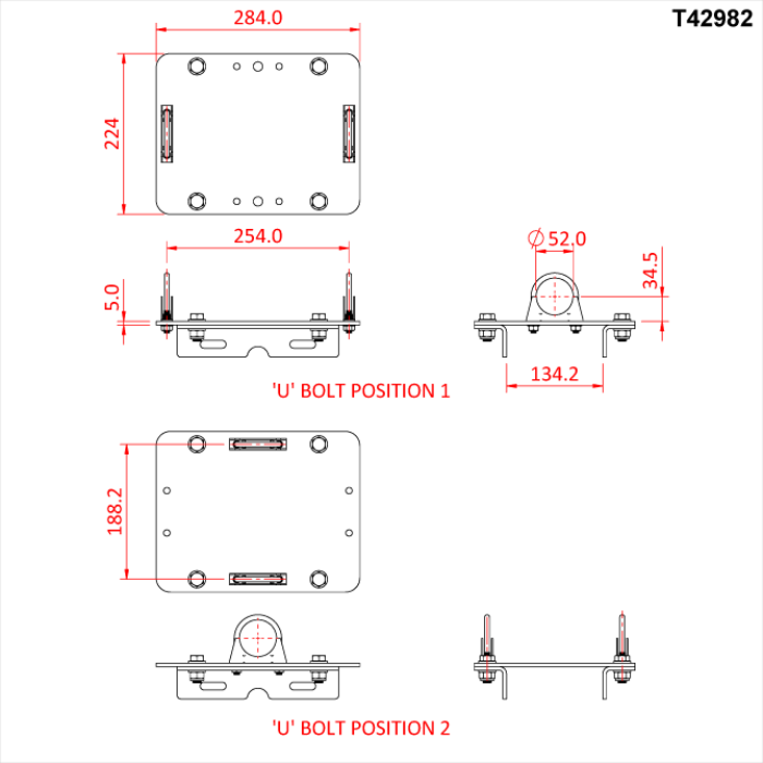 Plaque de fixation de poulie quadruple sur un tube de 48-51mm, CMU 600kg, noir