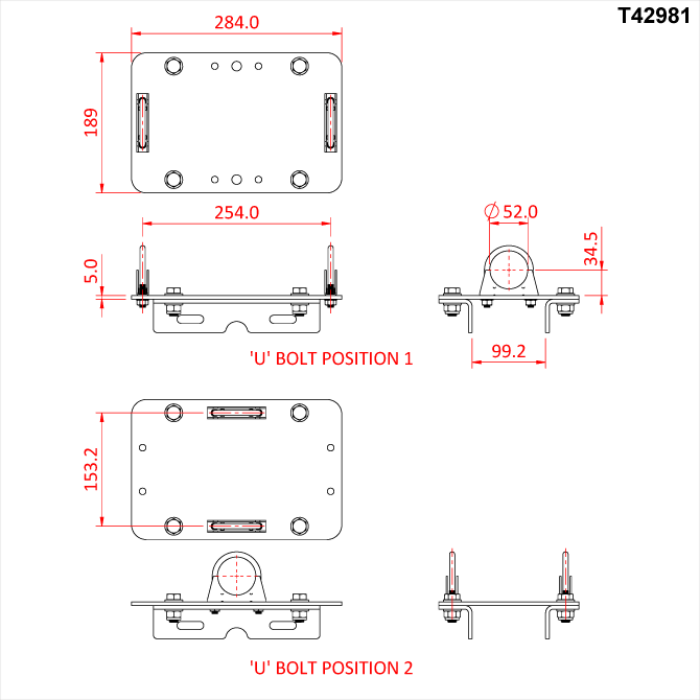 Plaque de fixation de poulie triple sur un tube de 48-51mm, CMU 600kg, noir