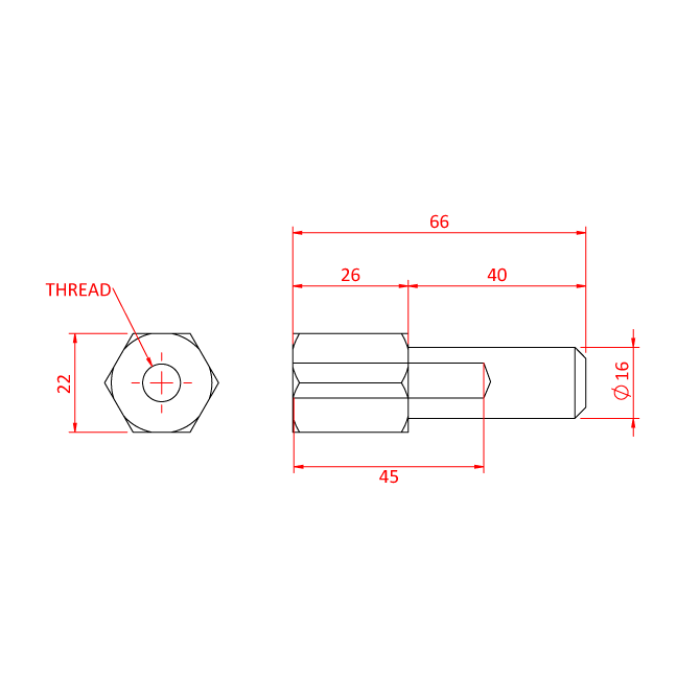 Spigot 16mm court à pas de vis M10, aluminium