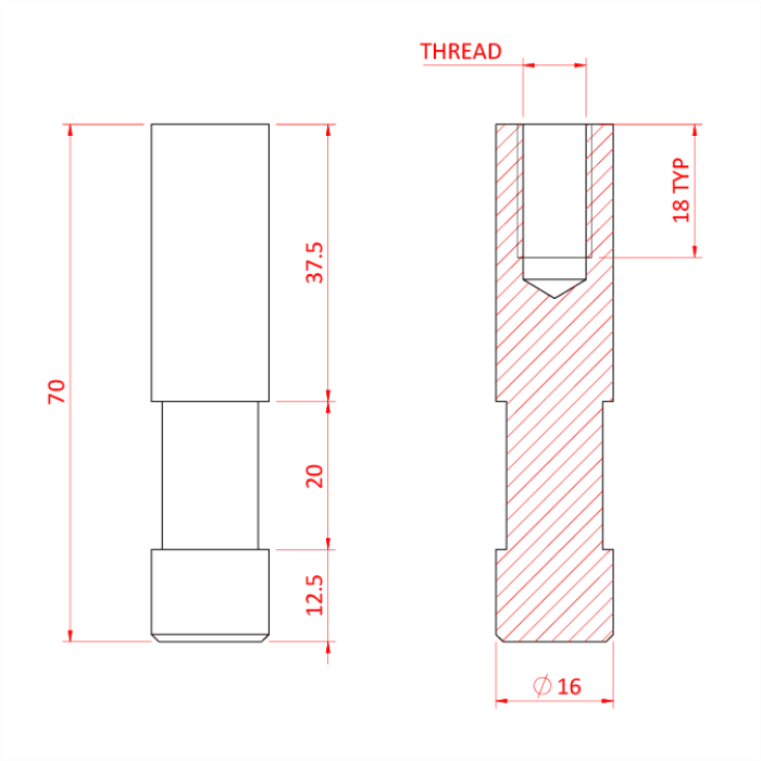Spigot 16mm à pas de vis M12, aluminium