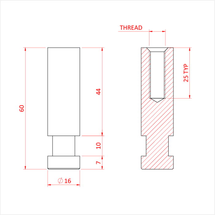 Spigot enclenchement 16mm à pas de vis M10, aluminium