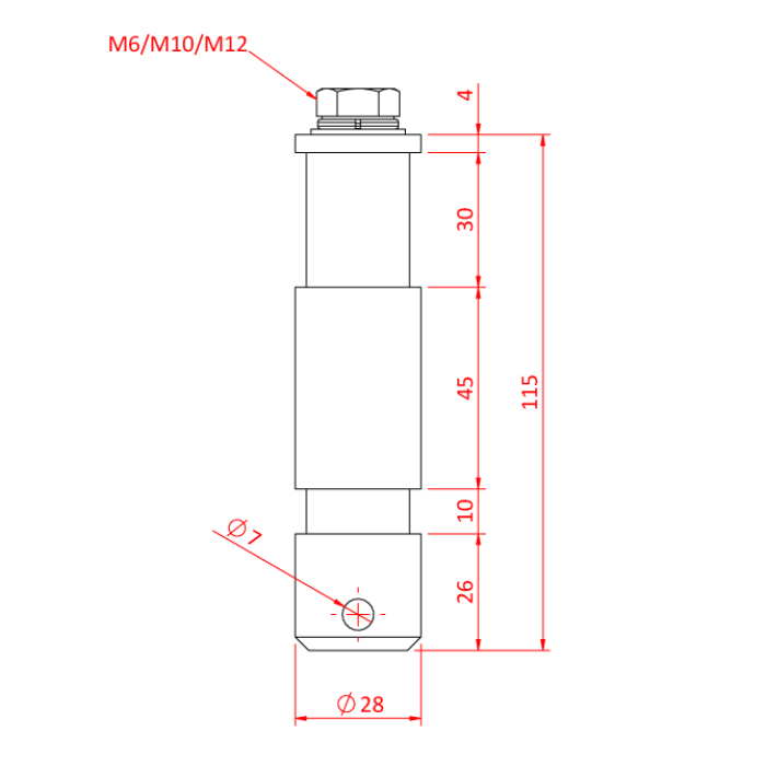 Spigot 28mm avec pas de vis M10, aluminium, court, spéc. EURO
