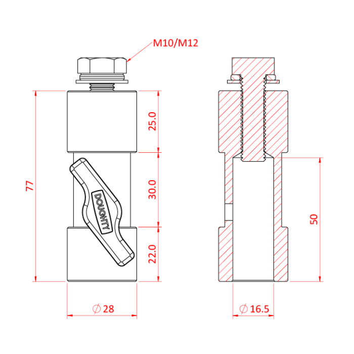 Réducteur spigot 28 sur 16mm avec vis M10, acier