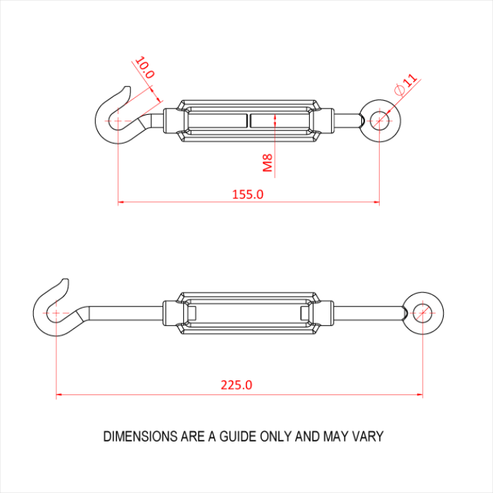 Tendeur avec crochet et œillet M8 x 125mm, 130kg