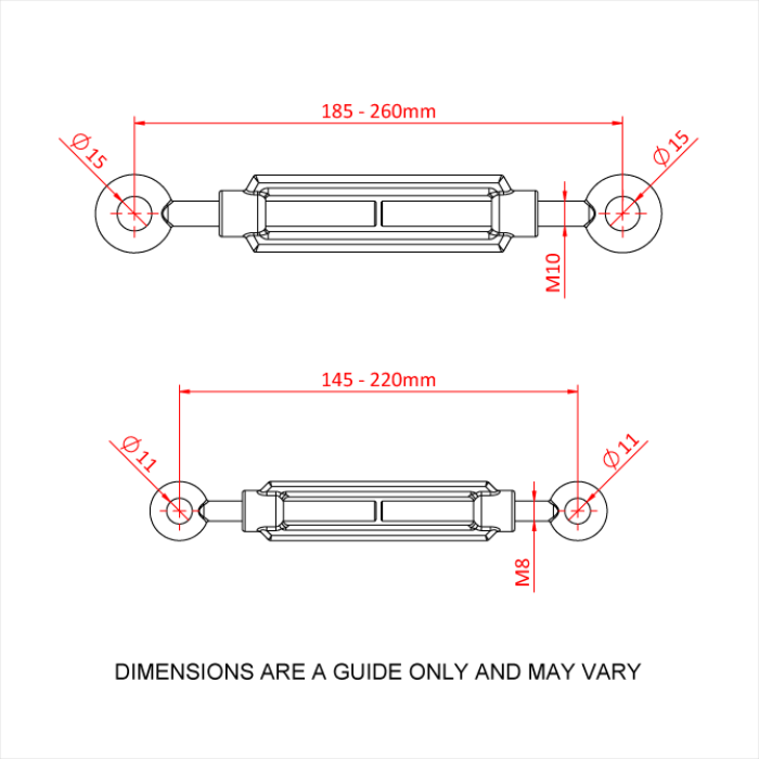 Tendeur avec œillet et œillet M8 x 125mm, 230kg testé