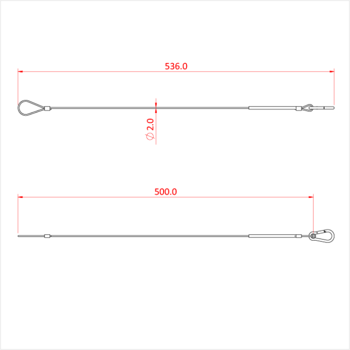 Elingue de sécurité  50cm, 2mm, mousqueton à ressort, CMU 5kg, noir