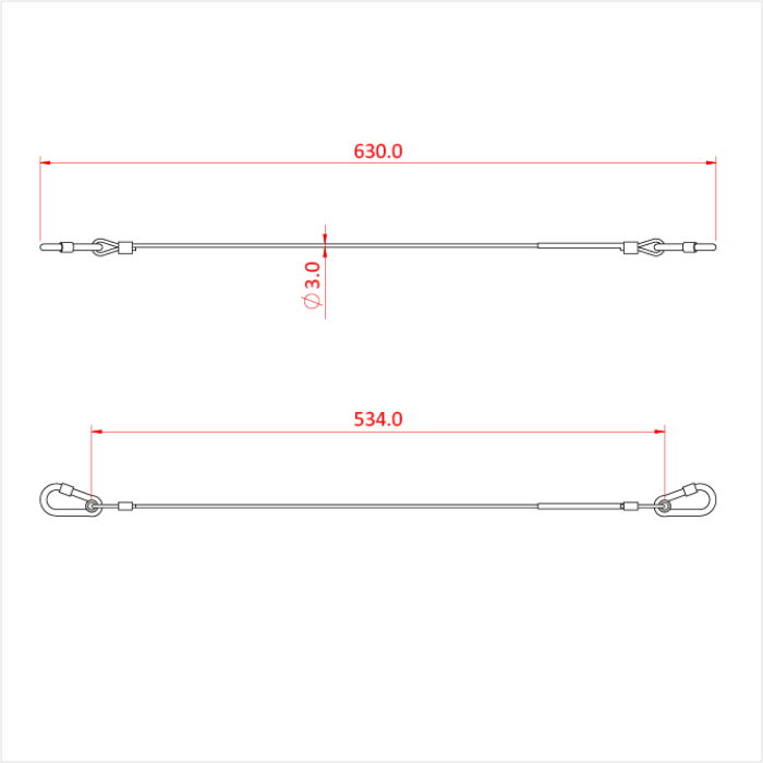 Elingue de sécurité  60cm, 3mm, 2 mousquetons à vis M6x60, CMU 15kg