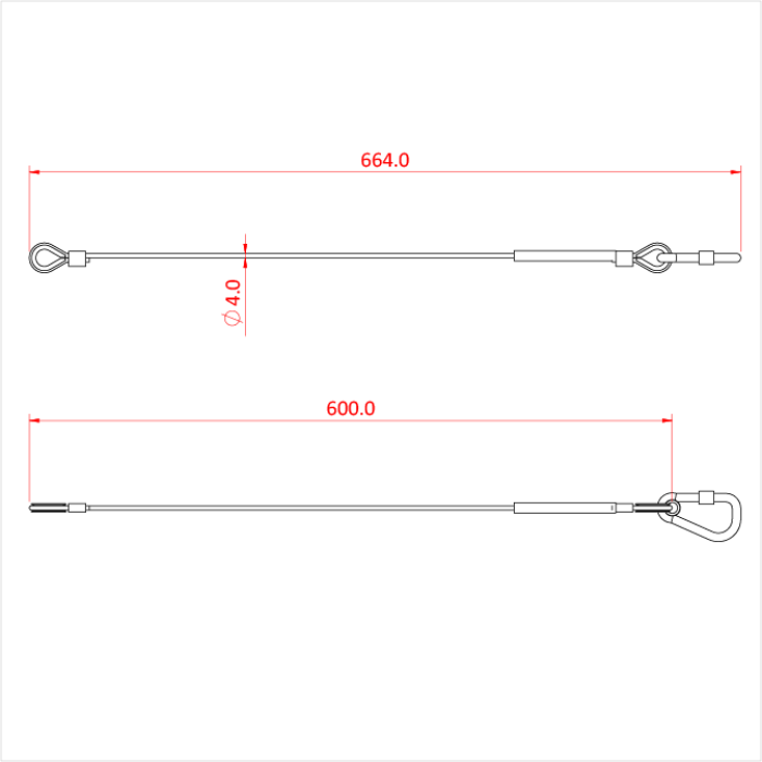 Elingue de sécurité  60cm, 4mm, mousqueton M8, CMU 36kg, noir