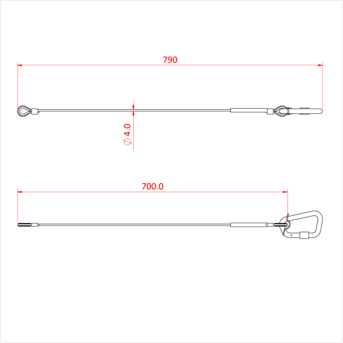 Elingue de sécurité max. 50kg (4mm x 700mm avec mousqueton) (noire)