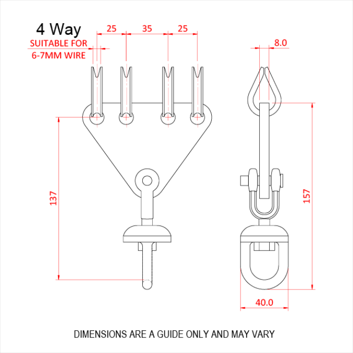 Emerillon sur système à 4 voies pour câble de 6-7mm, CMU 500kg, noir