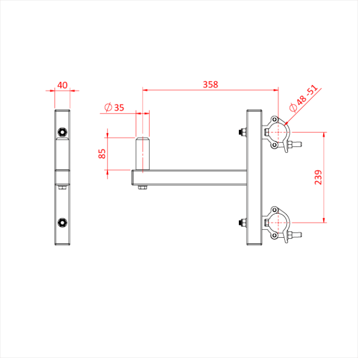 Support de haut parleur avec spigot 35mm par 2 colliers pour tube de 48-51mm, CMU 50kg, noir