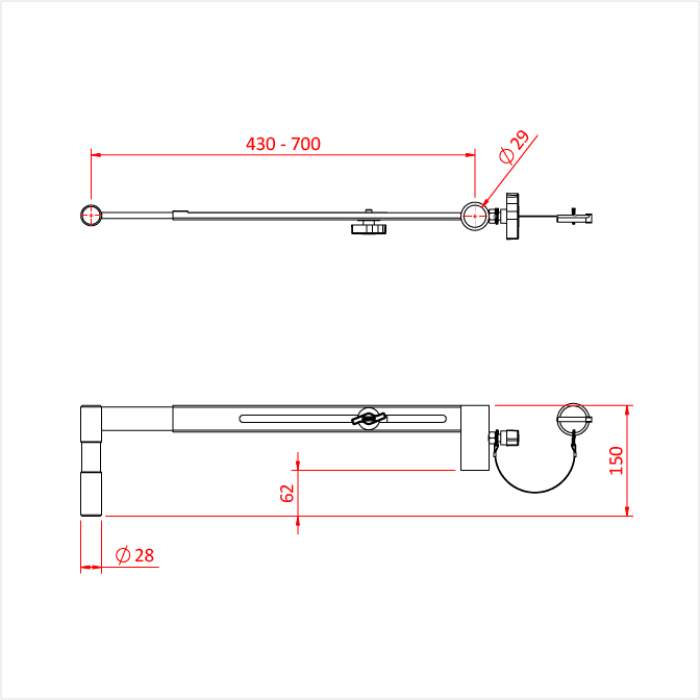 Bras déporté ajustable (430-700mm) JUNIOR sur spigot 28mm avec récepteur pour spigot 28mm