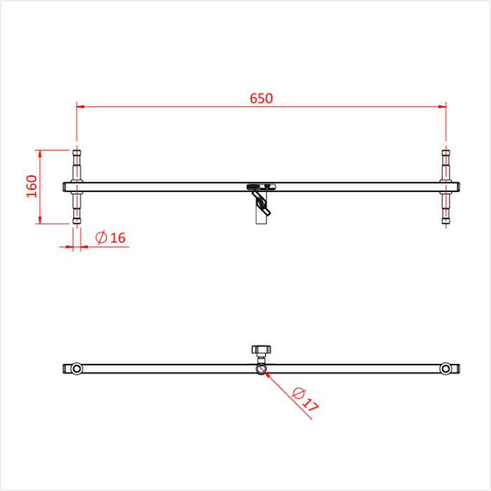 Barre en T BABY avec récepteur 17mm et 4 spigots 16mm